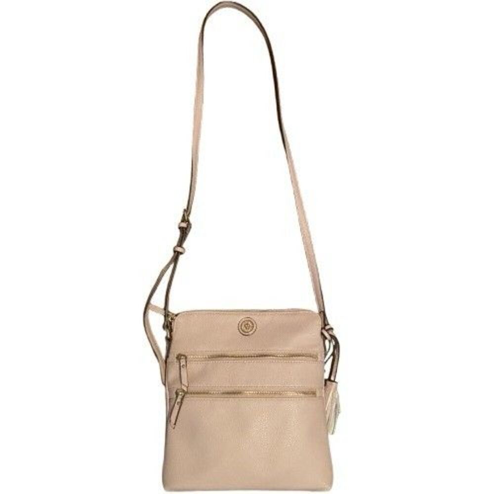 Anne Klein Pink Pebbled Crossbody Bag Triple Zip Purse Tassels Gold Tone Logo